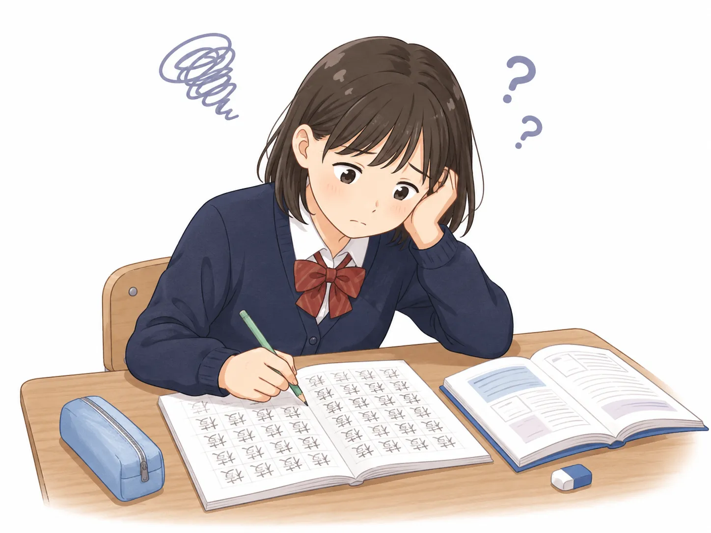 四字熟語の意味を知らないまま練習している学習者のイラスト