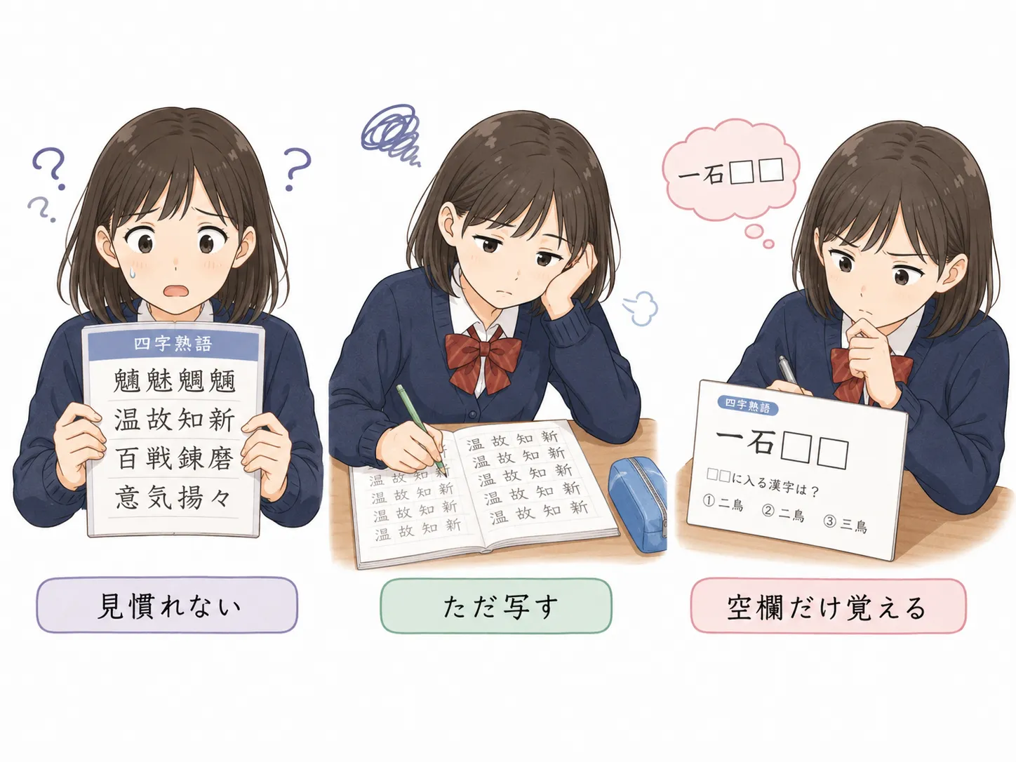 四字熟語を覚える3ステップの流れを表したイラスト