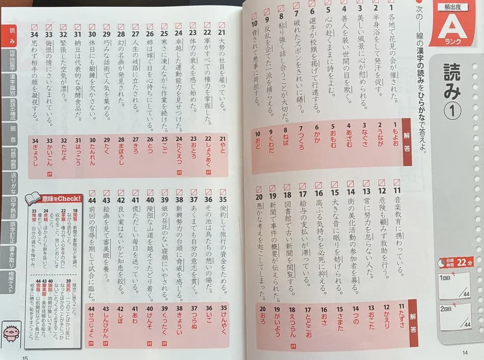 成美堂出版の頻出度順 漢字検定3級問題集の中身